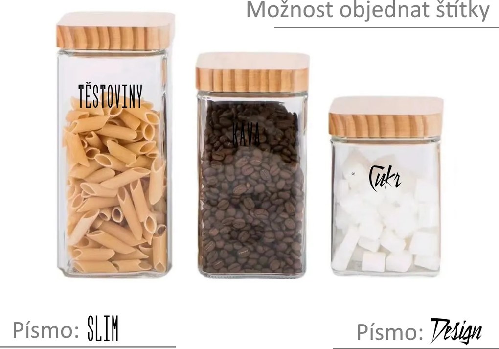 5Five® Súprava 3ks sklenených bytelných hranatých dóz s dreveným vekom, 1,25l KWADR