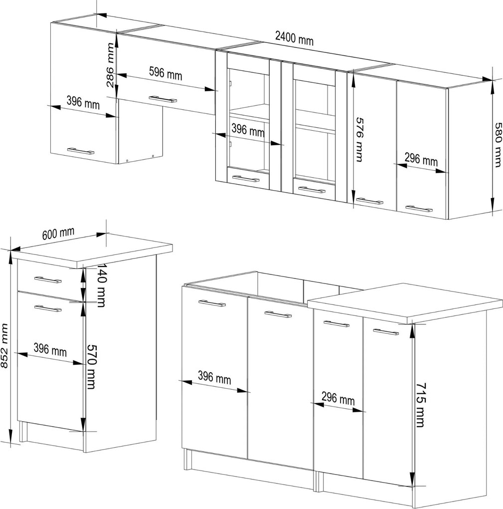 Kuchyňská linka Olivie 2,4 m prosklená beton