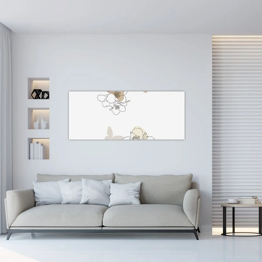 Obraz - Béžové kvety s motýľom N⁰2 (120x50 cm)