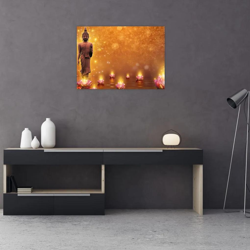 Sklenený obraz - Budha v zlatom lesku (70x50 cm)