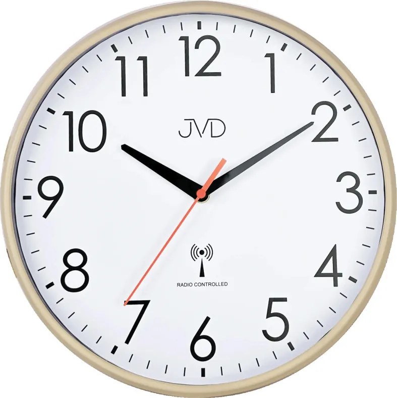 Rádiom riadené nástenné hodiny JVD RH502.1 – hnedý rám, tichý chod sweep, 30 cm