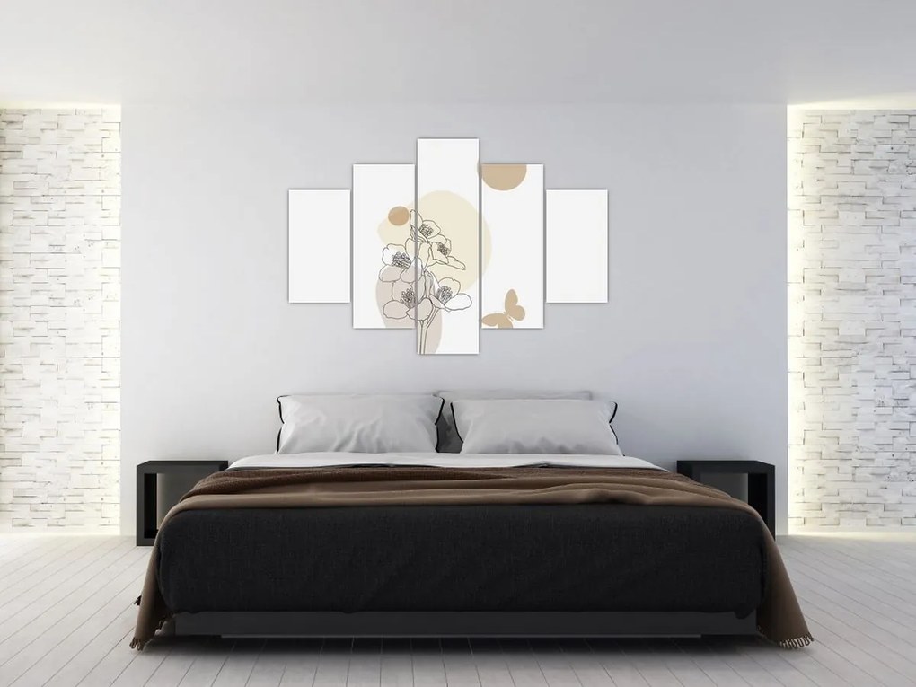 Obraz - Béžové kvety s motýľom N⁰4 (150x105 cm)
