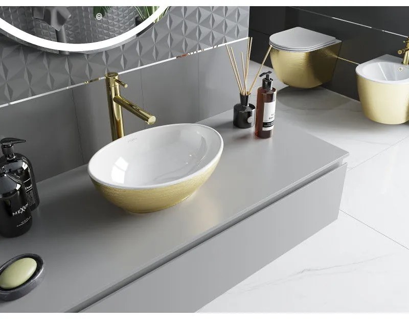 Mexen Elza, keramické umývadlo na dosku 405 x 330 mm, biela-zlatý štruktúrovaný vzor, 21014017