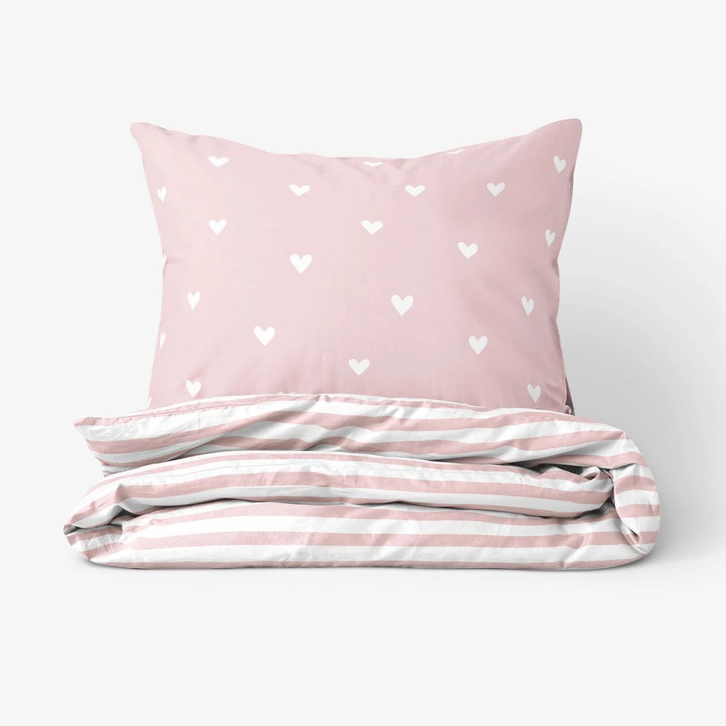 Goldea bavlnené posteľné obliečky - srdiečka na púdrovo ružovom s prúžkami 140 x 200 a 70 x 90 cm
