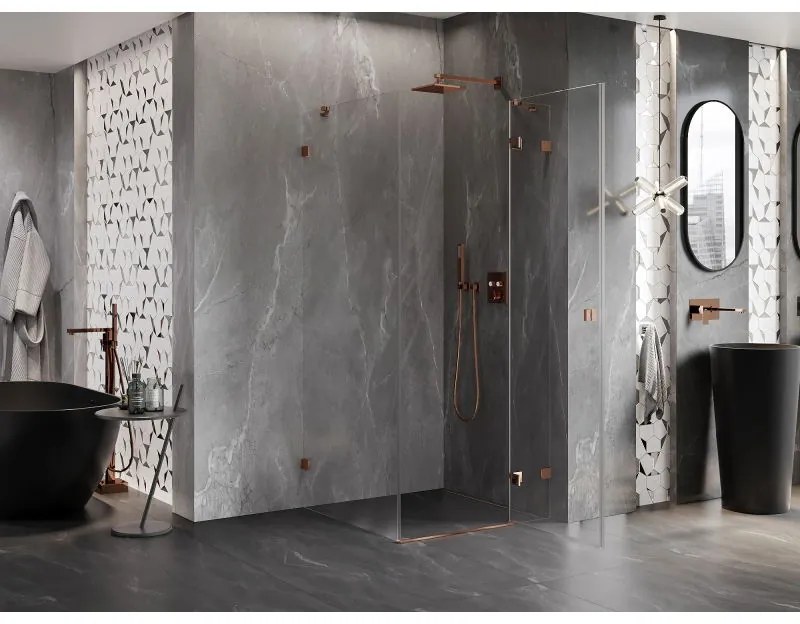 Mexen Lunar, 1-krídlový sprchový kút, pravý, 70 x 70 cm, 8mm číre sklo, ružové zlato profil, 834-070-070-60-00-P