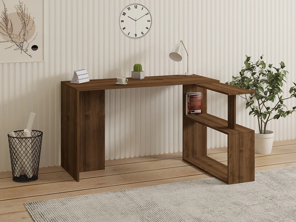 Rohový písací stôl CAYKO s vstavaným regálom orech