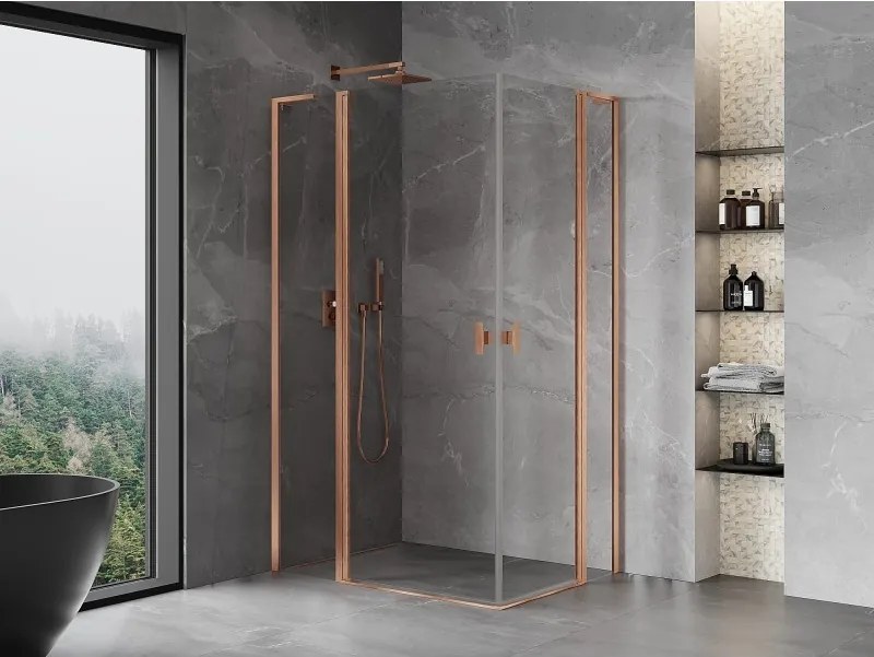 Mexen, Mexen Mist L Duo sklápací sprchový kút 100 x 90 cm, transparentný, brúsená meď - 8A4L-100-090-65-00