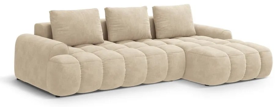 Béžová zamatová rozkladacia/s úložným priestorom rohová pohovka (pravý roh/s leňoškou) Linz – Cosmopolitan Design