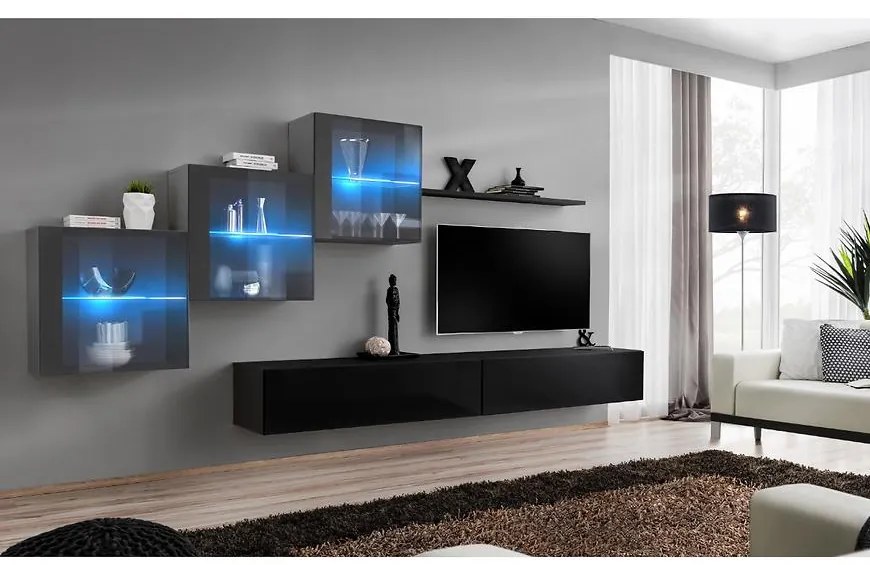 Obývacia stena Switch XIX Sklo +LED Grafit/čierna