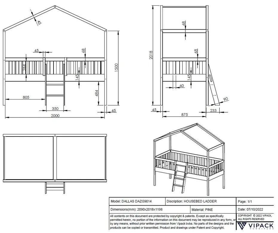 Biela vyvýšená domčeková detská posteľ z borovicového dreva 90x200 cm DALLAS – Vipack