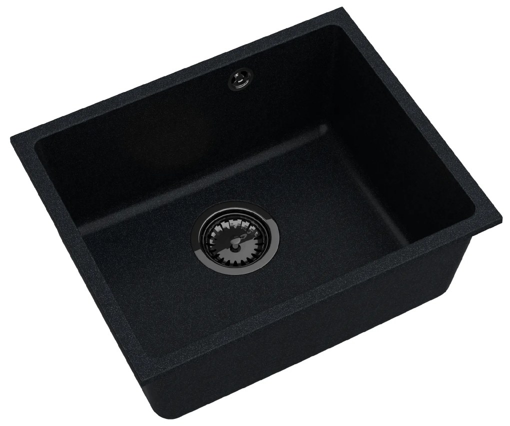 Sink Quality Crypton 55, kuchynský granitový drez 460x375x205 mm + čierny sifón, čierna škvrnitá, SKQ-CRY.B.1KBO.55.XB