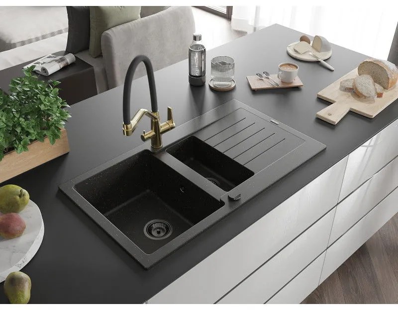Mexen Matias, granitový drez 900x505x200 mm, 1,5-komorový a drezová batéria Duo, čierna-zlatá metalíza, 6502-75-671701-57-B