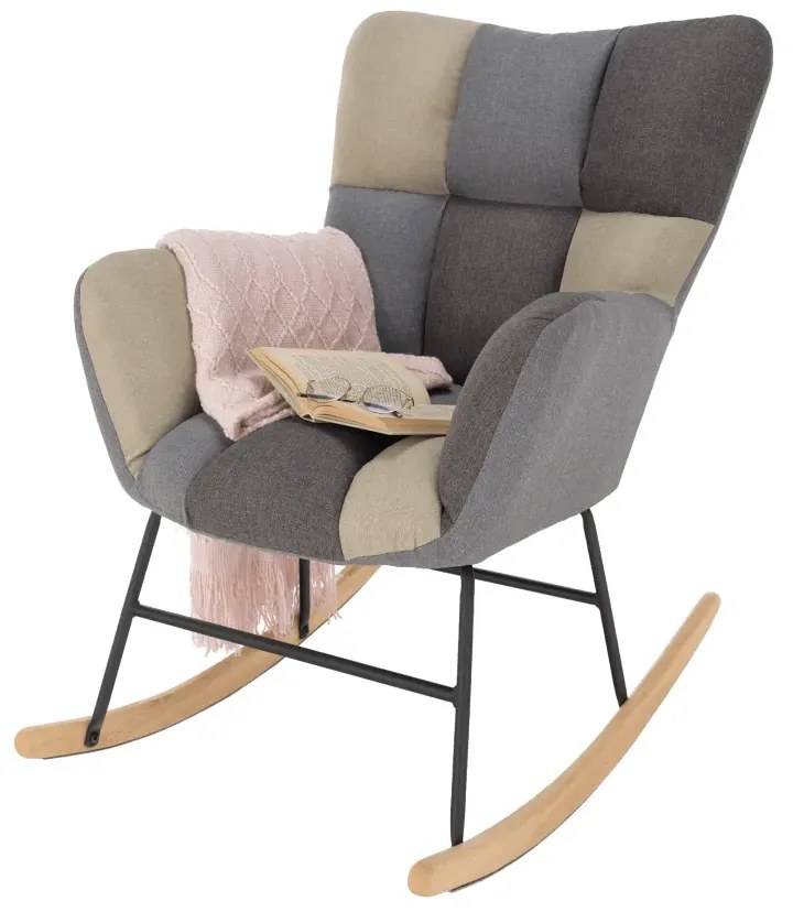 Dizajnové hojdacie kreslo, patchwork/sivá/béžová, KEMARO