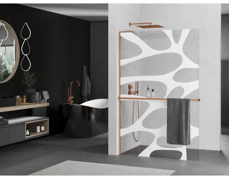 Mexen Kioto+ L, sprchová zástena Walk-In s poličkou a vešiakom 100 x 200 cm, 8mm číre sklo biely vzor, ružové zlato profil, 800-100-123-60-97