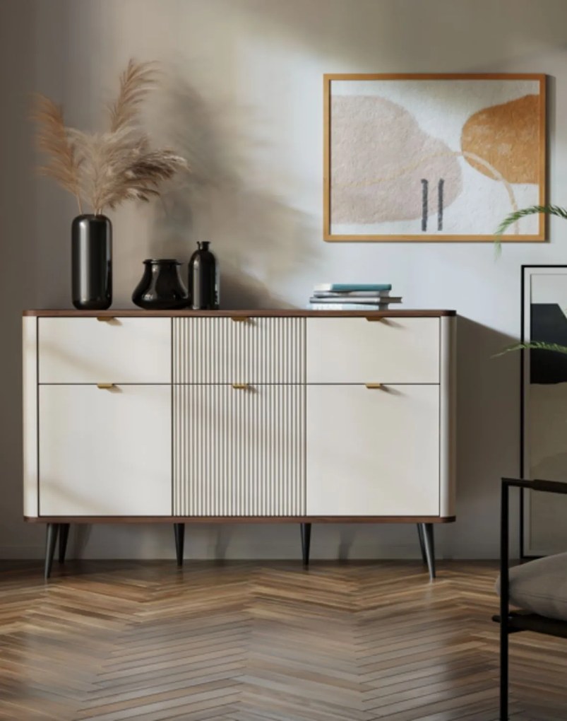 Zaoblená kašmírová komoda 130 cm so zásuvkami a skrinkami Marly kašmír/orech