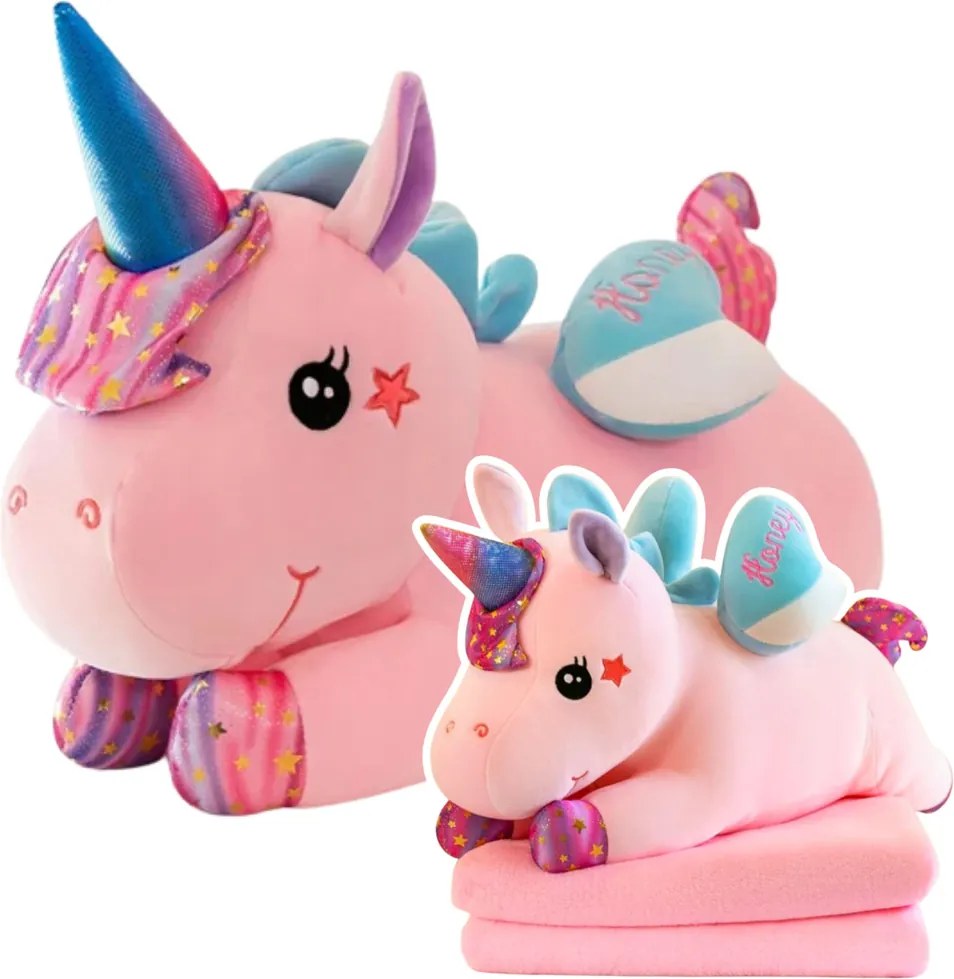LEAN Toys Plyšový maskot jednorožec s dekou 160 x 110 cm Ružová 55cm