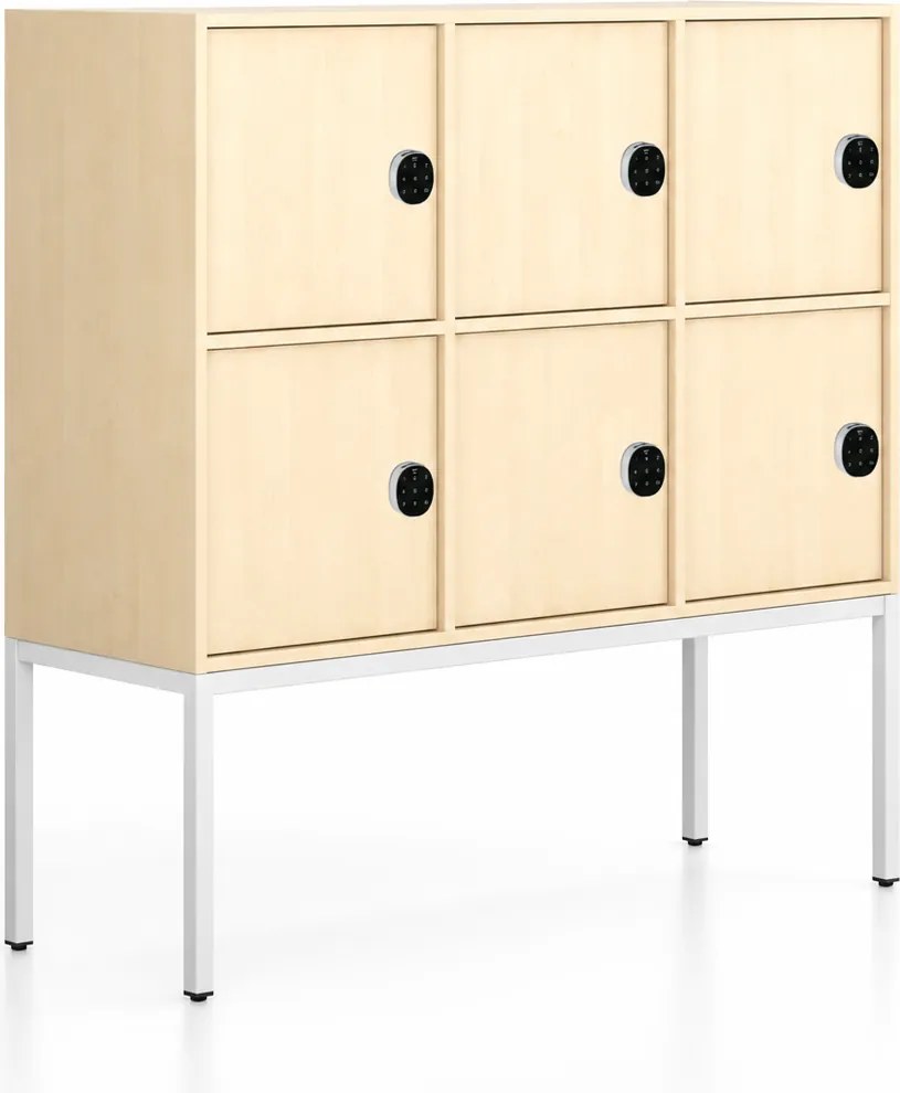 Kancelárska skriňa FRAME, nízka, biela podnož, 6x dvere, 1299 x 450 x 1331 mm, kódový zámok, breza
