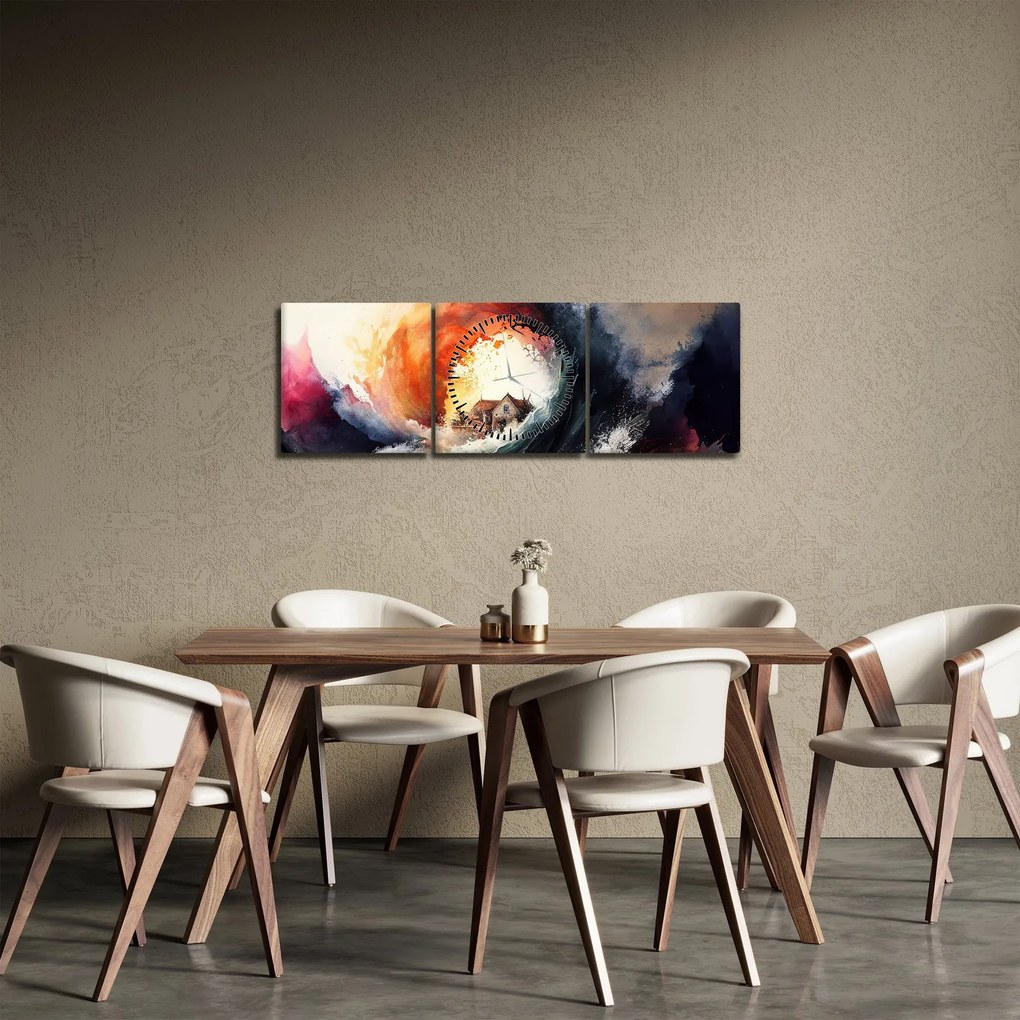 Obraz - Vo víre povodne, akvarel (s hodinami) (90x30 cm)