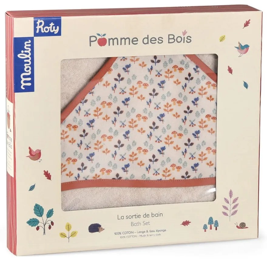 Krémová bavlnená detská osuška s kapucňou 80x80 cm Pomme des Bois – Moulin Roty