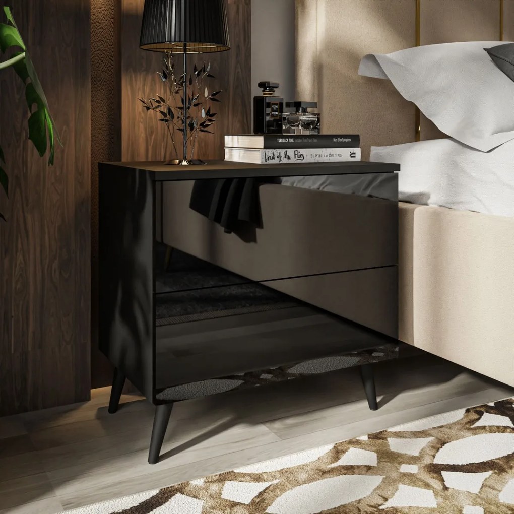 NOČNÝ STOLÍK SANTINO ČIERNÝ LESK + ČIERNÉ NOŽIČKY + LED