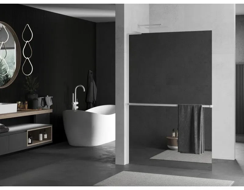 Mexen Kioto+ L, sprchová zástena Walk-In s poličkou a vešiakom 100 x 200 cm, 8mm sklo vzor zrkadlo, biely profil, 800-100-123-20-50