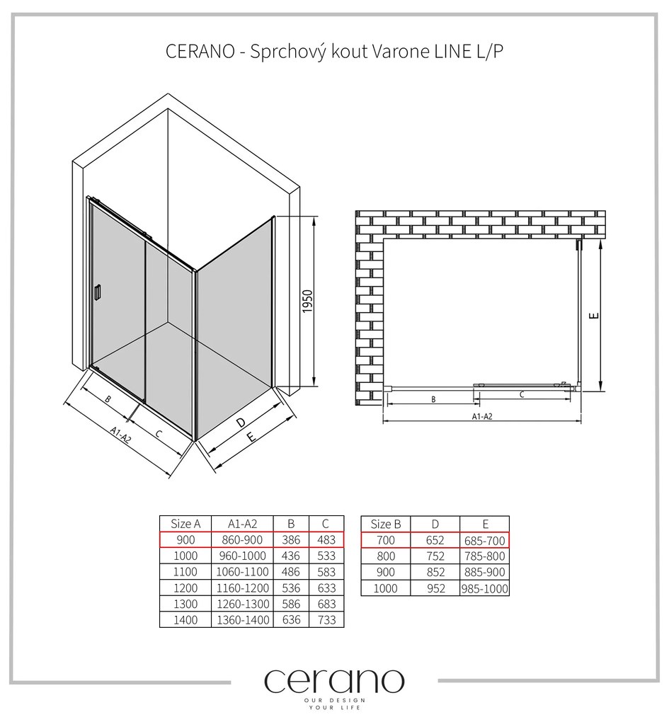 CERANO - Sprchovací kút Varone LINE L/P - čierna matná, transparentné sklo - 90x70 cm - posuvný, CER-CER-DY505B-9091