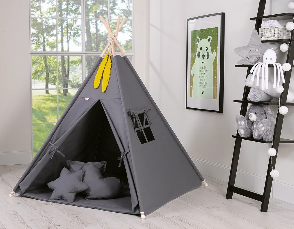 Bobono Stan Teepee pre deti + ozdobné perie - antracitová farba
