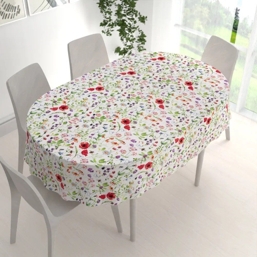 Biante Bavlnený oválny obrus Sandra SA-608 Červeno-fialové lúčne kvety s motýlikmi a čmeliakmi na bielom 120x180 cm