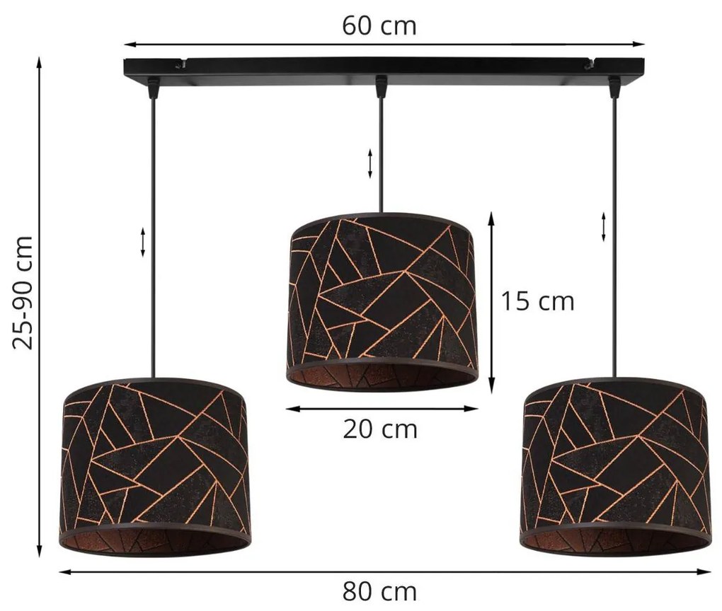 Závesné svietidlo Werona 6, 3x čierne textilné tienidlo so vzorom, c