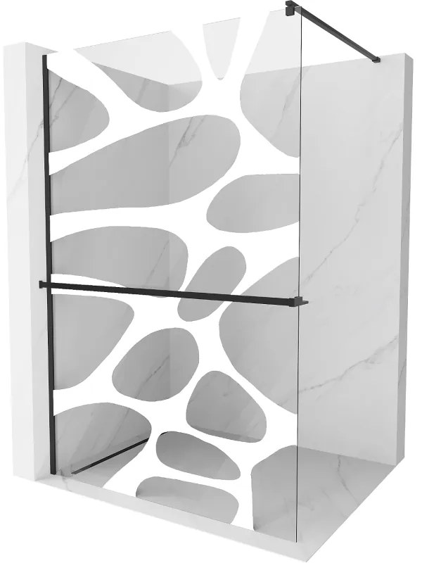 Mexen Kioto+, sprchová zástena s poličkou a držiakom na uteráky 110 x 200 cm, 8mm sklo číre sklo vzor biely, čierny profil, 800-100-121-70-97