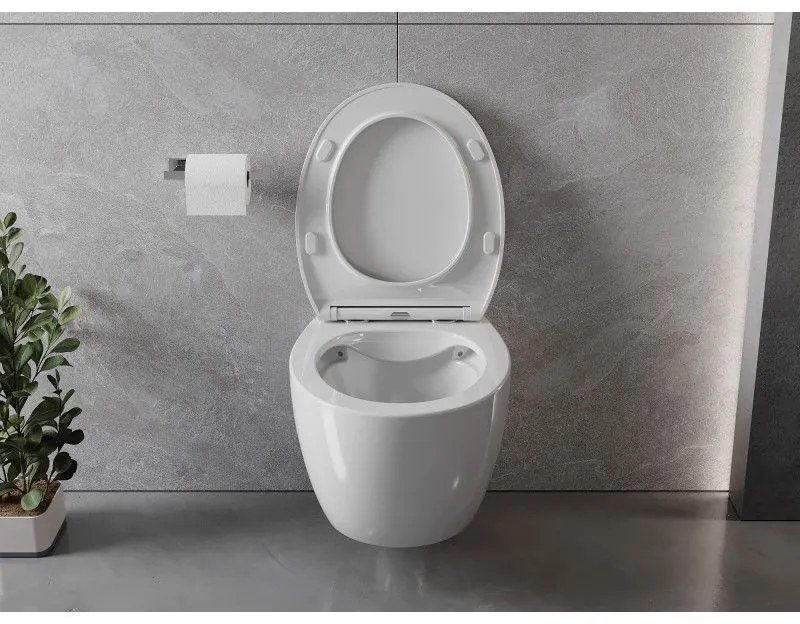 Mexen Egg, závesná WC misa Rimless s duroplastovým sedátkom s pomalým zatváraním, biela lesklá, 30245000