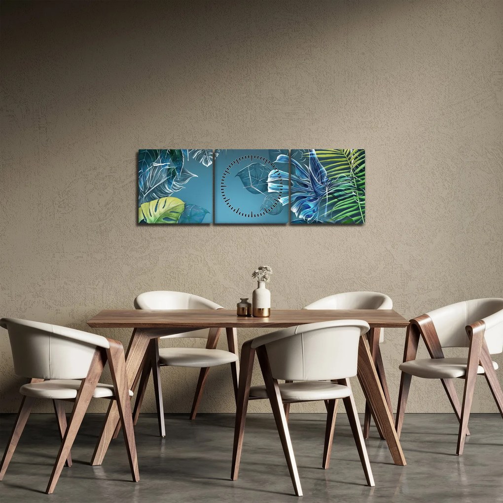 Obraz - Listy tropických rastlín (s hodinami) (90x30 cm)