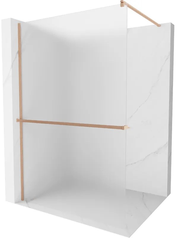 Mexen Kioto+, sprchová zástena Walk-In s poličkou a vešiakom 90 x 200 cm, 8mm sklo námraza, medený matný profil, 800-090-121-65-30