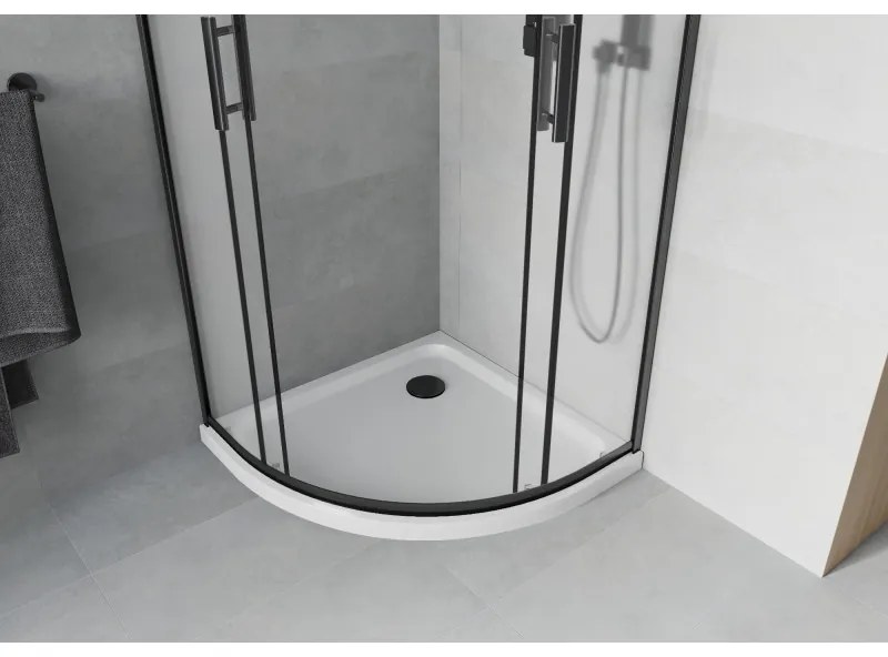 Mexen Rio, štvrťkruhový sprchovací kút s posuvnými dverami 90(dvere) x 90(dvere) x 190 cm, 6mm sklo námraza, čierny profil + biela sprchová vanička SLIM, 863-090-090-70-30-4110B
