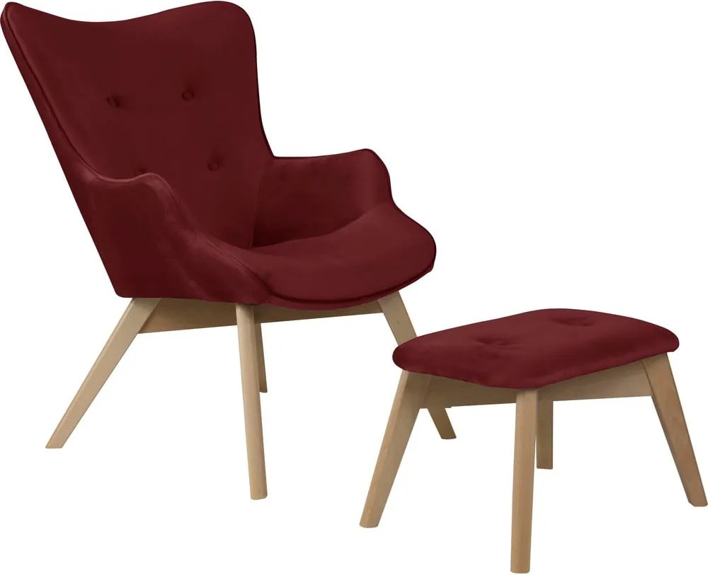 Červené zamatové kreslo s podnožkou Niko – Ropez