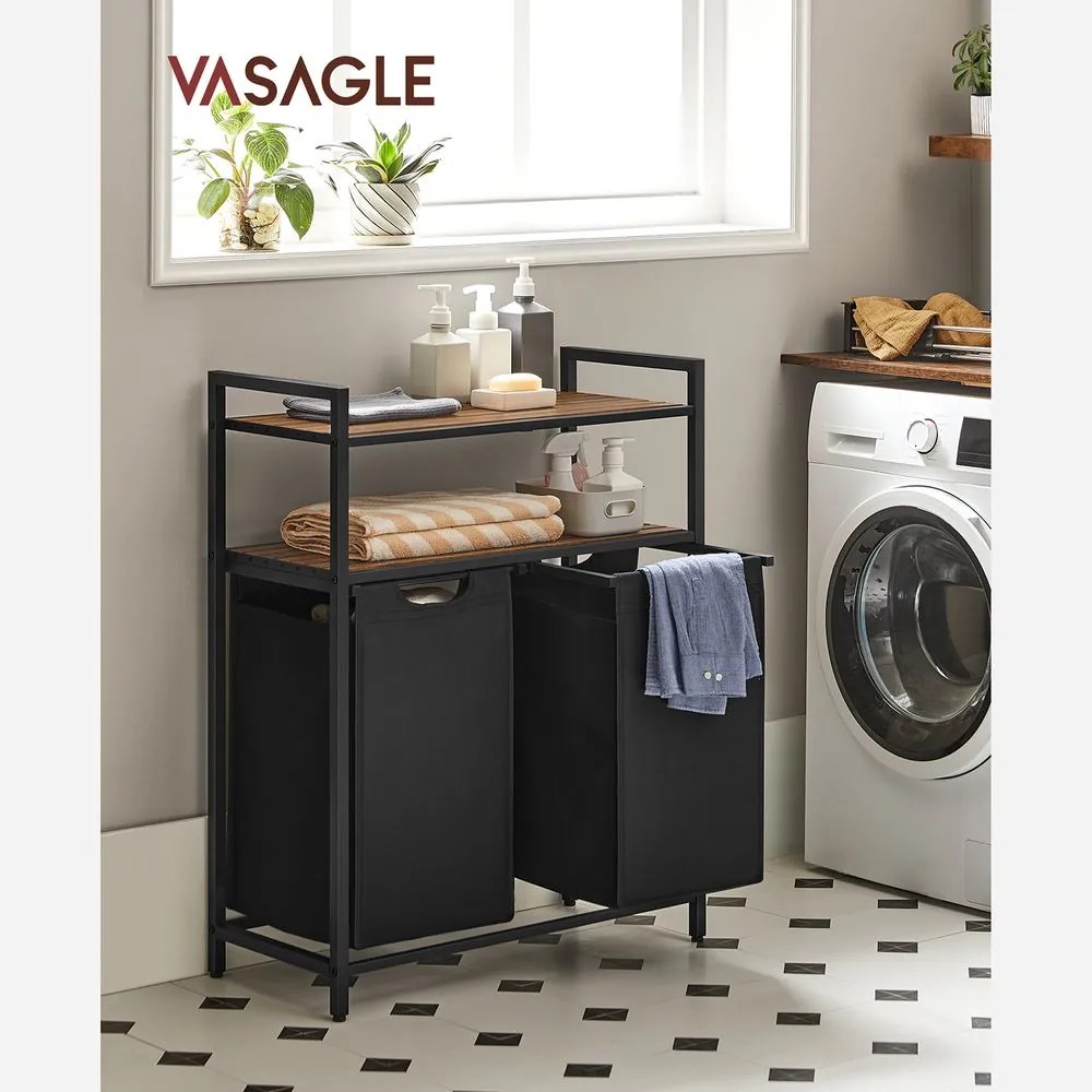 Kôš na bielizeň s 2 policami BERGEN, 2 x 46l, čierna/hnedá Vasagle