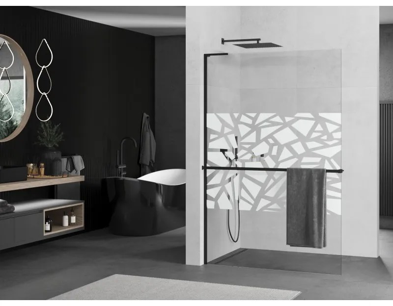 Mexen Kioto+ L, sprchová zástena Walk-In s poličkou a vešiakom 120 x 200 cm, 8mm číre sklo biely vzor, čierny profil, 800-120-123-70-85