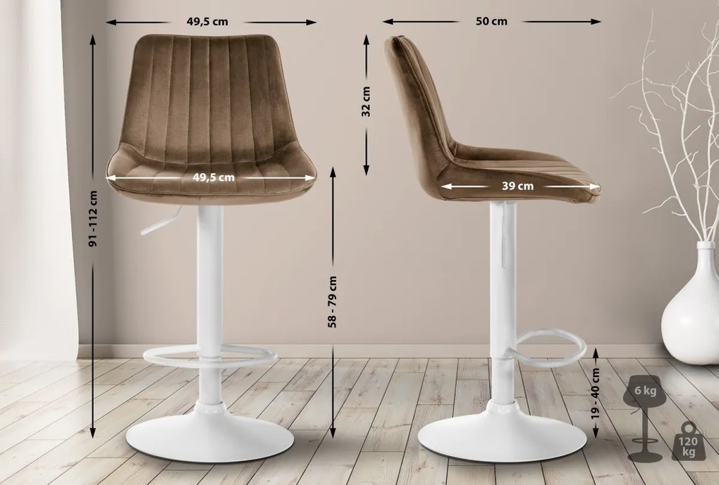 2x Barová stolička Toni - zamat, biely rám Hnedá