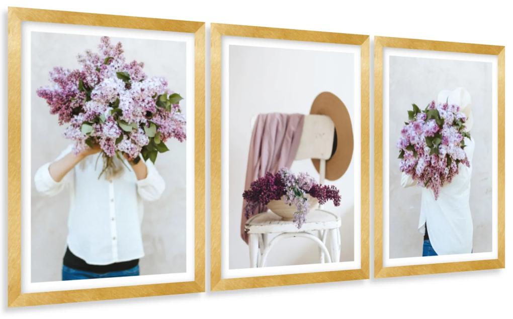 Gario Sada plagátov Nádherné kvety - 3 dielna Farba rámu: Zlatá, Veľkosť: 135 x 63 cm
