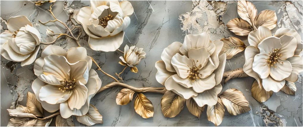 Obraz - Mramorové pozadie s kvetmi (120x50 cm)