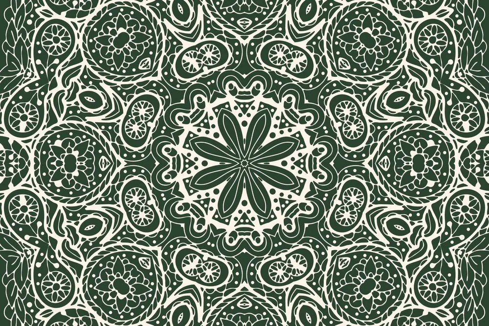 Samolepiaca tapeta biela Mandala na zelenom pozadí