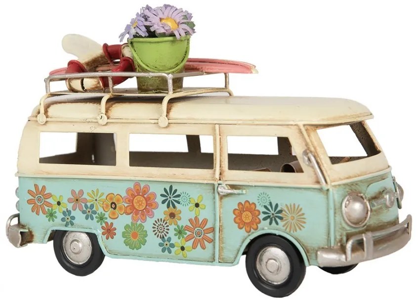 Béžovo-modrý kovový retro model autobus s kvetmi - 17*7*11 cm