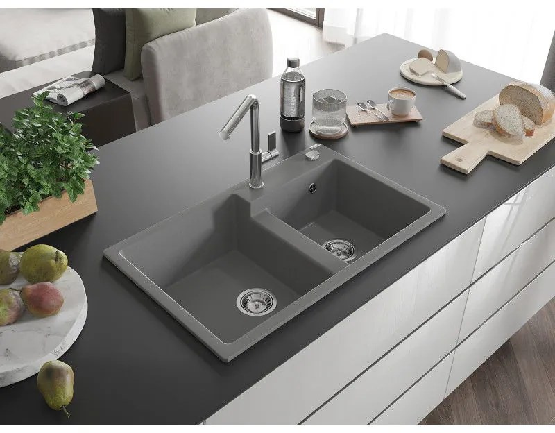 Mexen Tomas, 2-komorový granitový drez 800x500x190 mm a drezová batéria Flora, šedá, 6516-71-670401-00