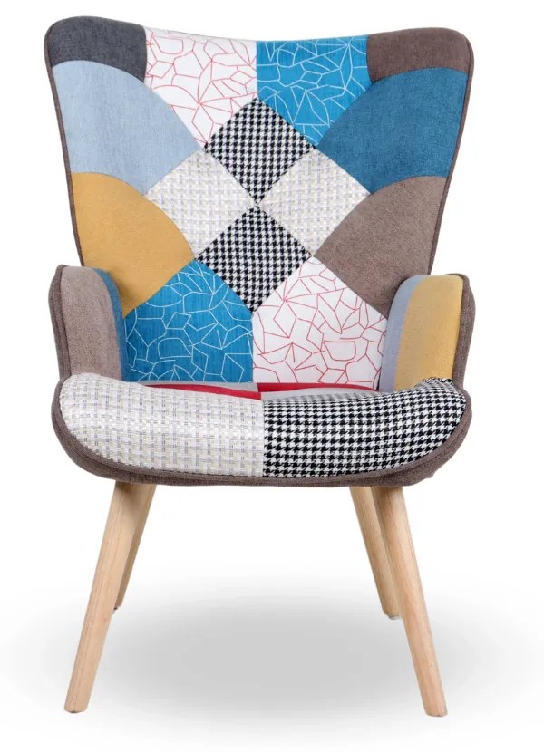 Kreslo ušiak CORDU + taburet — masív, látka, prírodná / patchwork