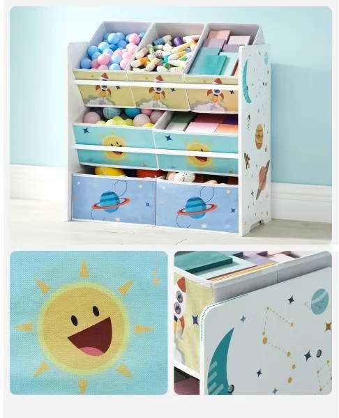 Detský regál s látkovými boxmi ANET modro-biely