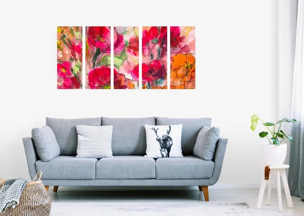 5-dielny obraz maľované kvetinové zátišie - 200x100