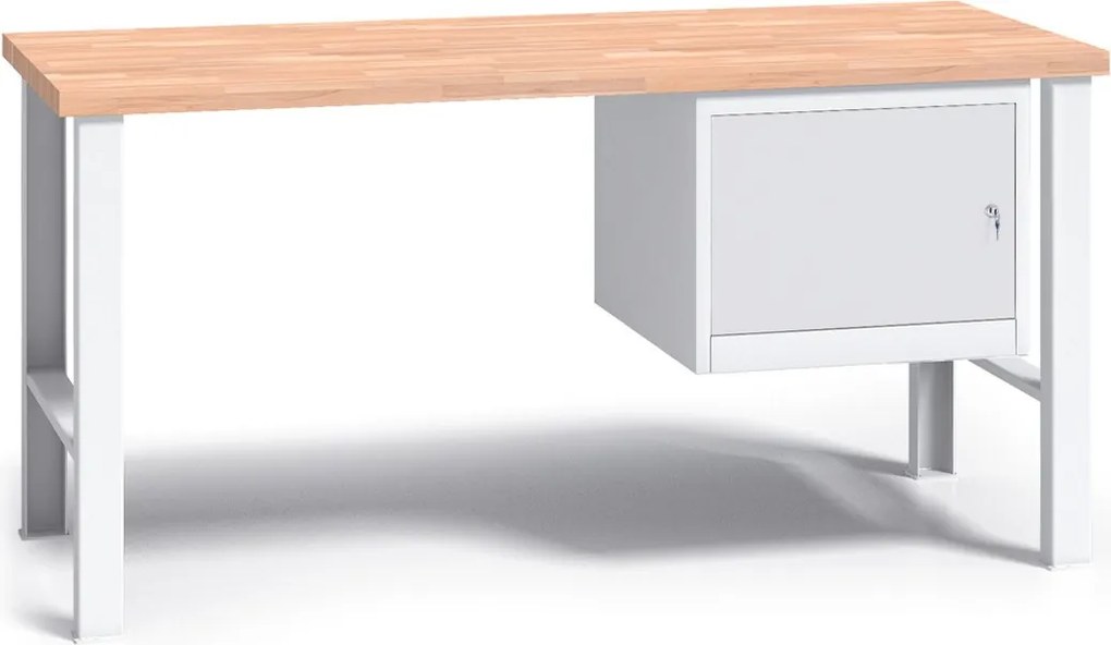 Pracovný stôl do dielne G3 so závesnou skrinkou na náradie, buková škárovka, pevné kovové nohy, 1500 mm, sivá