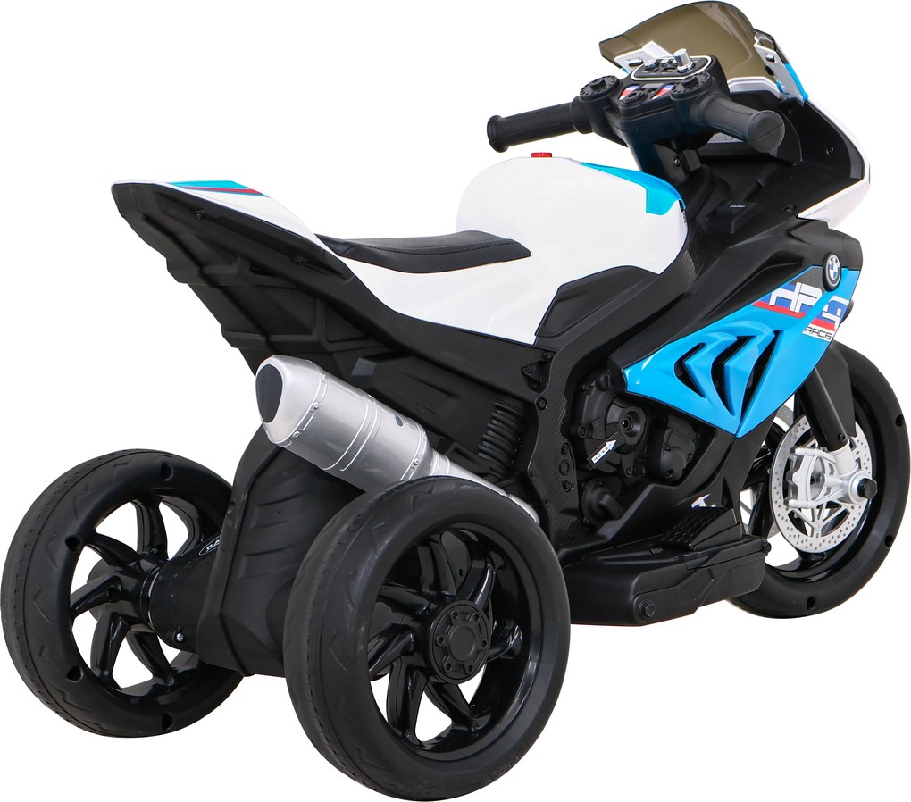 Ramiz BMW HP4 Detský motocykel na batérie Modrá + 3 kolieska + LED + MP3 USB + Eco koža