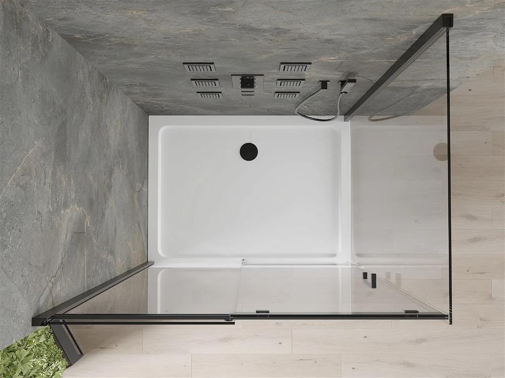 Mexen Omega, sprchovací kút s posuvnými dverami 110 (dvere) x 90 (stena) cm, 8mm číre sklo, čierny profil + slim sprchová vanička biela s čiernym sifónom, 825-110-090-70-00-4010B