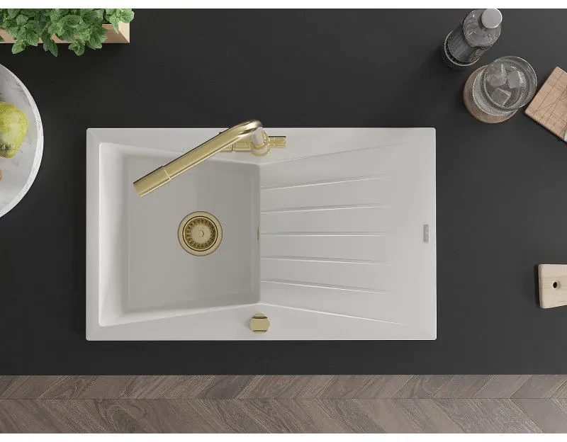 Mexen Cesar, granitový drez 775x470x190 mm, 1-komorový a zlatá batéria Duero, biela, 6514-20-671600-50